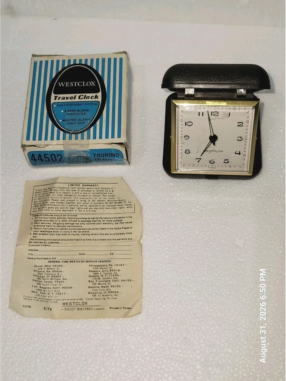 Vintage Westclox Tourino Travel Alarm Clock Tan Luminous Wind Up Mechanical Box